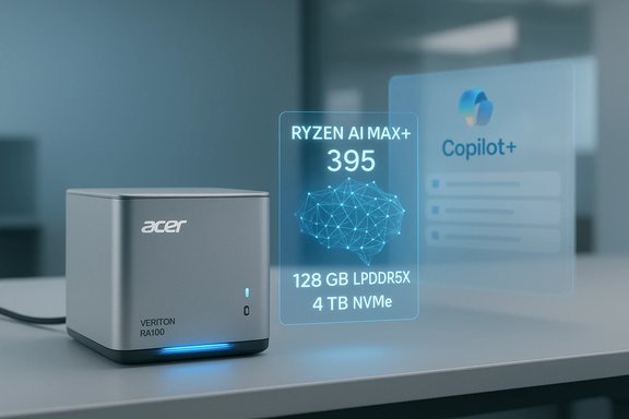 Acer Veriton RA100 mini PC with Ryzen AI Max+ 395 and holographic Copilot+ display.