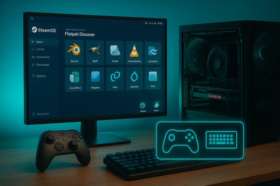 SteamOS desktop on a monitor beside a neon-outlined game controller and keyboard sign.