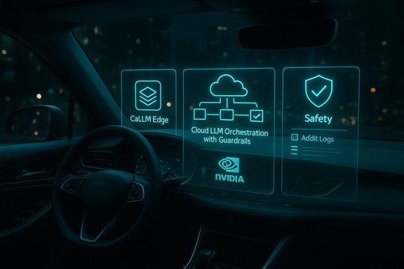 Futuristic car interior with holographic dashboards displaying CaLLM Edge, cloud orchestration, and safety icons.