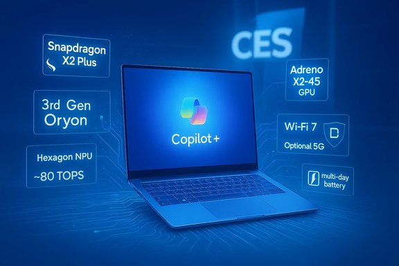 Copilot+ powered laptop with Snapdragon X2 Plus, 3rd Gen Oryon, Adreno GPU, Wi-Fi 7, 5G, and multi-day battery.