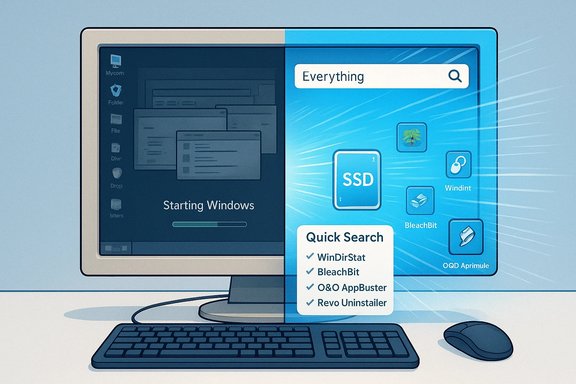 Desktop PC split screen: Windows startup on the left and an Everything search with SSD icons on the right.