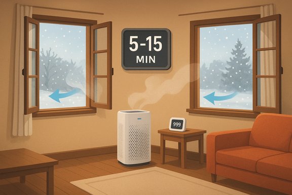 Cozy living room with open windows and a snowy view, air purifier running for 5-15 minutes.
