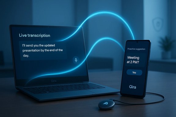 Laptop and smartphone show live transcription and a proactive meeting prompt, linked by a glowing blue arc.