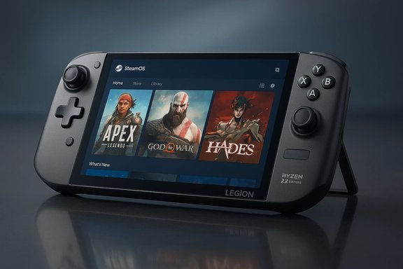 A portable gaming device running SteamOS, showing tiles for Apex Legends, God of War, and Hades.