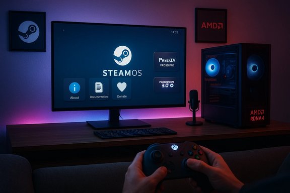 Gaming setup with SteamOS on the monitor, an Xbox controller in hand, and an AMD-powered PC with blue RGB lighting.