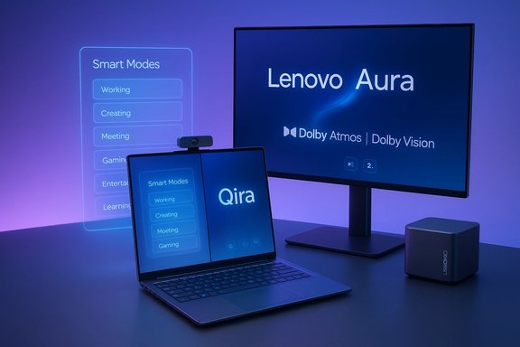Lenovo Aura multi-device setup with monitor, laptop, and tablet showing Smart Modes and Qira.