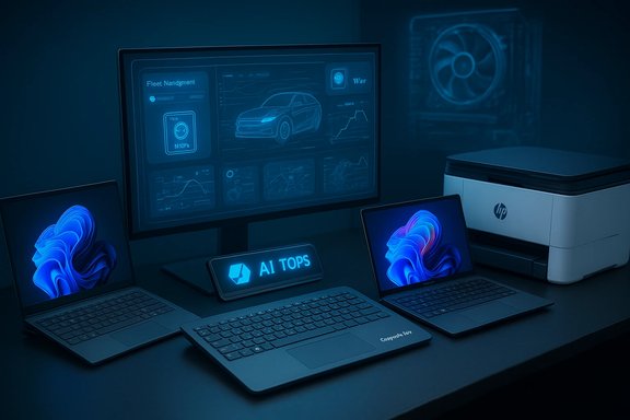 Futuristic AI workstation with multiple screens showing a car dashboard, two laptops, and a keyboard.