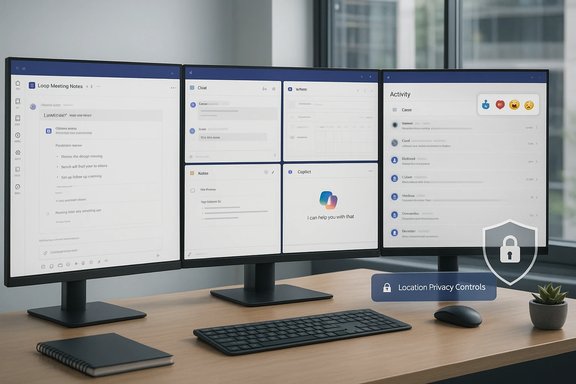 A four-monitor workstation displays collaboration dashboards and location privacy controls.