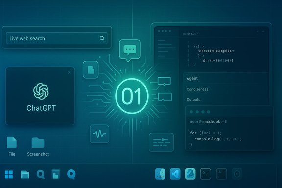 Futuristic UI dashboard featuring ChatGPT, live web search, and coding panels.
