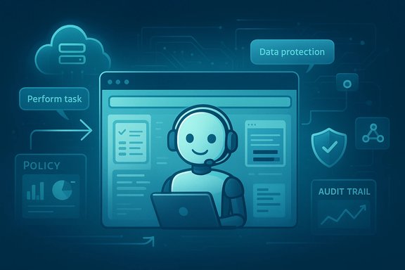 A friendly AI assistant with a headset works at a laptop inside a data protection interface.