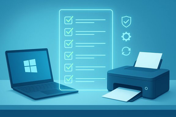 A Windows laptop and printer sit beside a glowing digital checklist on a blue desk.