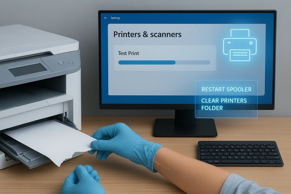 Gloved hands feed paper from a printer while a monitor shows Printers & scanners settings.