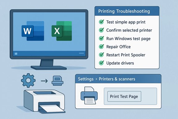Printer troubleshooting guide shown beside Word/Excel icons on a computer monitor.