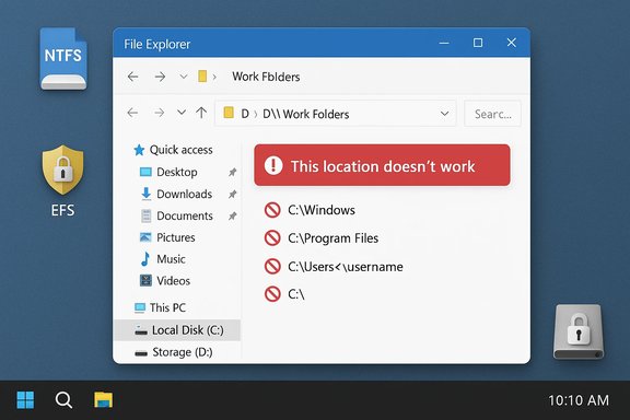 Windows desktop with File Explorer showing a red error banner: This location doesn't work.