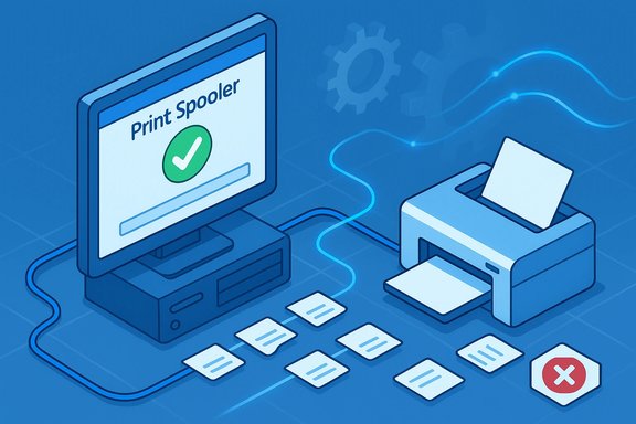Computer screen shows Print Spooler with a green check as the printer prints documents.