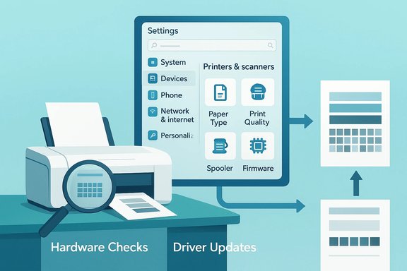 Settings screen showing hardware checks and driver updates for printers and devices.