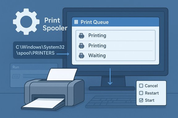 Illustration of a Windows print spooler and print queue with a printer and monitor.