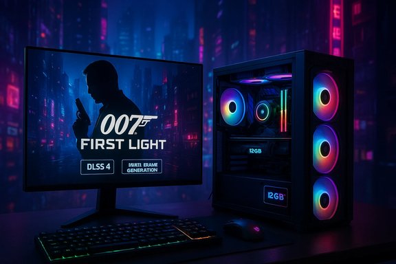Neon-lit gaming setup with an RGB PC and monitor displaying 007: First Light.