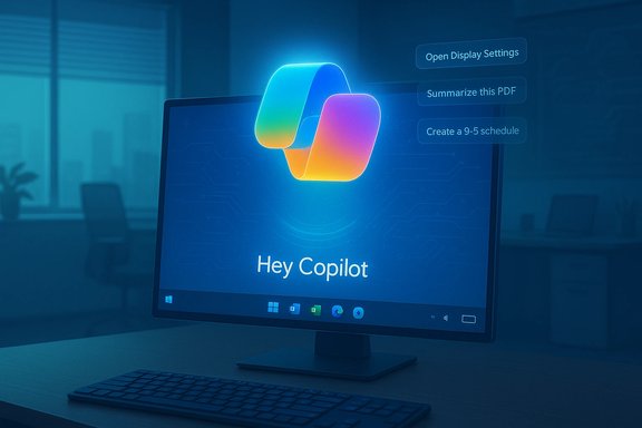 A computer monitor displays 'Hey Copilot' with a glowing logo and floating task options.