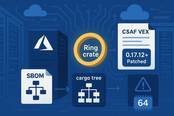 Infographic of software supply chain: SBOM, cargo-tree, Ring crate, patched 0.17.12+ CSAF VEX.