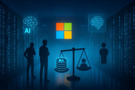 In a blue server room, a scale weighs AI data against human fairness.