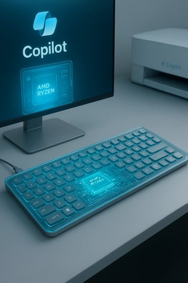 A futuristic workstation featuring a Copilot monitor with AMD Ryzen and a glowing holographic keyboard.