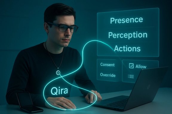 A man at a laptop appears with neon holographic UI showing Presence, Perception, and Actions.