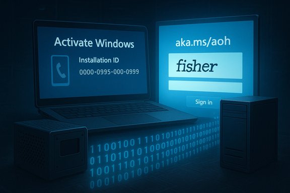Blue-tinted computer setup with a Windows activation prompt beside a fake phishing sign-in page.
