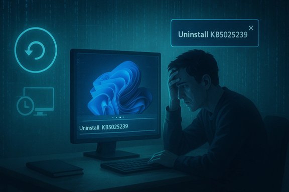 A worried man sits at a computer, trying to uninstall Windows update KB5025239.