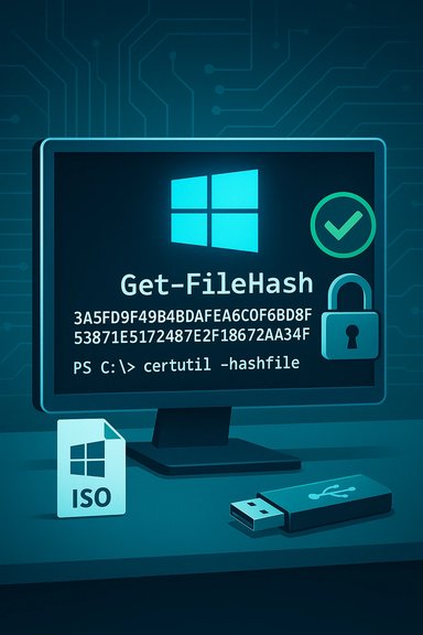 Windows screen displaying Get-FileHash output with a hash value, a padlock, ISO icon, and USB drive.