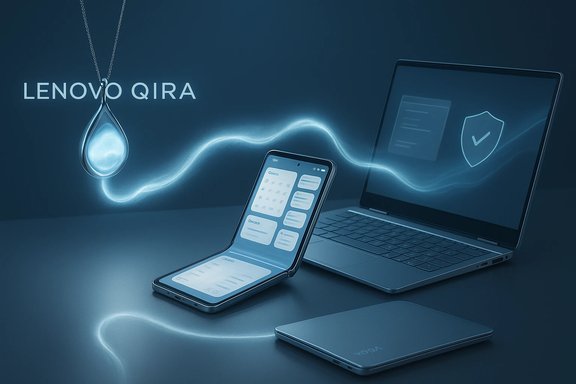 Lenovo Qira showcases a foldable phone and laptop linked by a glowing data stream.