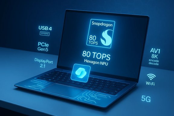 Futuristic laptop screen shows Snapdragon 80 TOPS Hexagon NPU for AI acceleration.