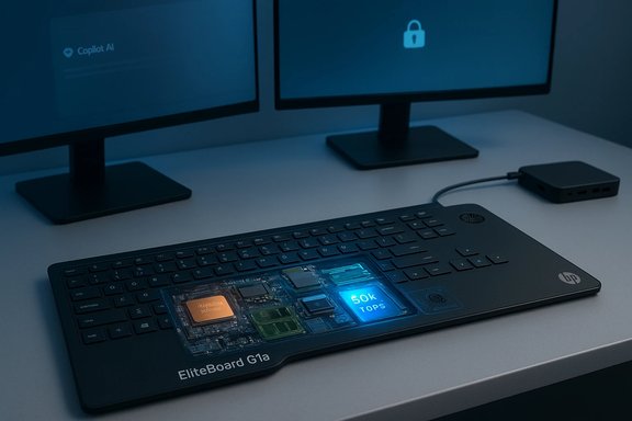 HP EliteBoard G1a laptop with a transparent panel revealing internal chips on a desk with dual monitors. HP EliteBoard G1a laptop with a transparent panel revealing internal chips on a desk with dual monitors.