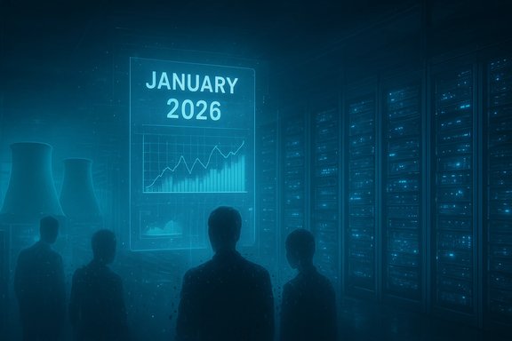 Silhouetted team watches a January 2026 chart projected in a server room.