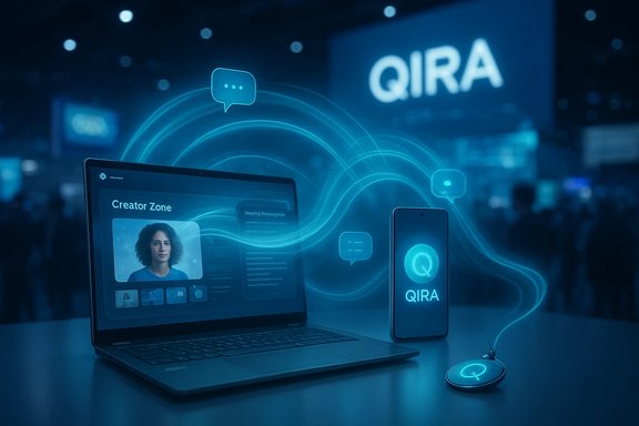 QIRA tech booth featuring a laptop, smartphone, and glowing blue holographic waves.