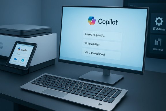 A modern desk with a monitor and tablet showing Copilot help options. A modern desk with a monitor and tablet showing Copilot help options.
