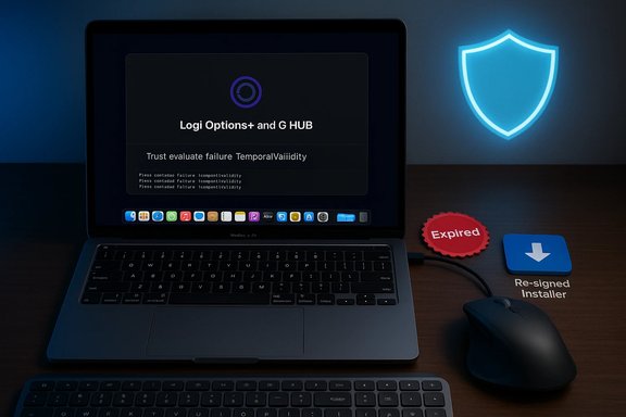 Laptop screen shows Logi Options+ and G HUB installer UI with Expired and Re-signed Installer icons.