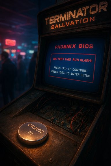 A dusty Terminator Salvation arcade cabinet displays a BIOS error: Battery has run alarm.