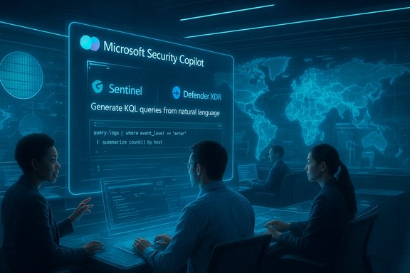 Analysts in a futuristic security ops center use Microsoft Security Copilot to generate KQL queries.