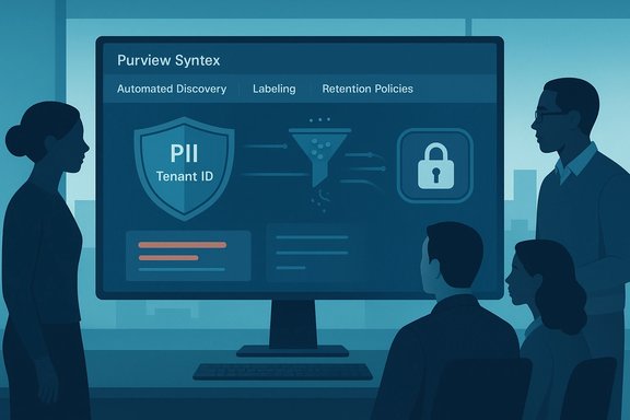 Team reviews Purview Syntex data privacy dashboard on a large screen.