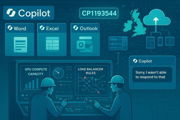 Copilot data center operators monitor GPU compute capacity and load-balancer rules.
