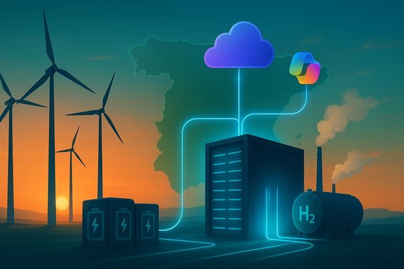 Wind turbines power a data center connected to cloud storage via neon hydrogen lines.