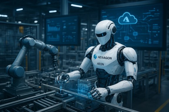 A white humanoid robot labeled HEXAGON AEON operates at a futuristic assembly line with a robotic arm. A white humanoid robot labeled HEXAGON AEON operates at a futuristic assembly line with a robotic arm.