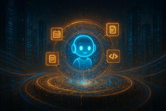 Blue neon AI assistant avatar surrounded by holographic UI icons in a futuristic tech hub.