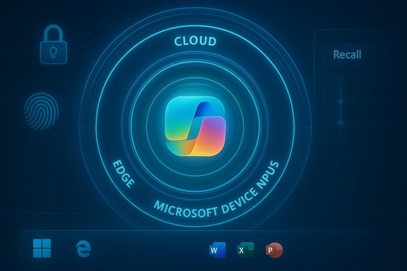Futuristic blue holographic UI showing cloud, edge, and device NPUs around a colorful center logo.