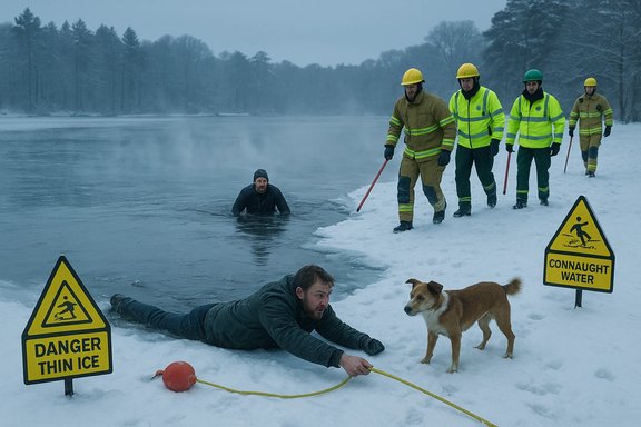Rescue team on a snowy lakeshore pulls a man from icy water during an ice-rescue drill.