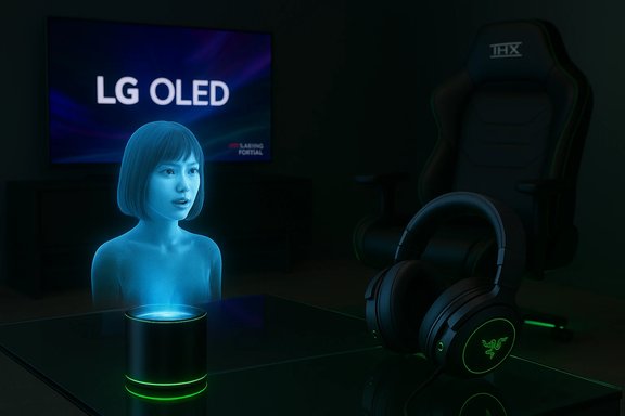 Blue hologram sits by a glowing speaker in a neon-lit gaming setup. Blue hologram sits by a glowing speaker in a neon-lit gaming setup.