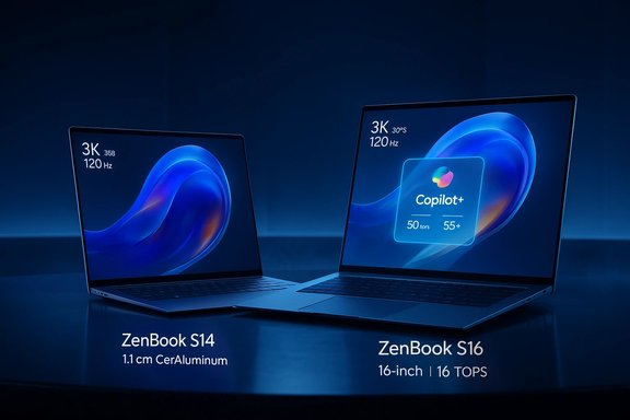 Two blue-lit ZenBook laptops, the S14 and S16, on a dark display.