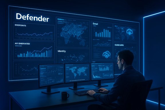A security analyst monitors a blue-lit wall of dashboards in a Defender command center.
