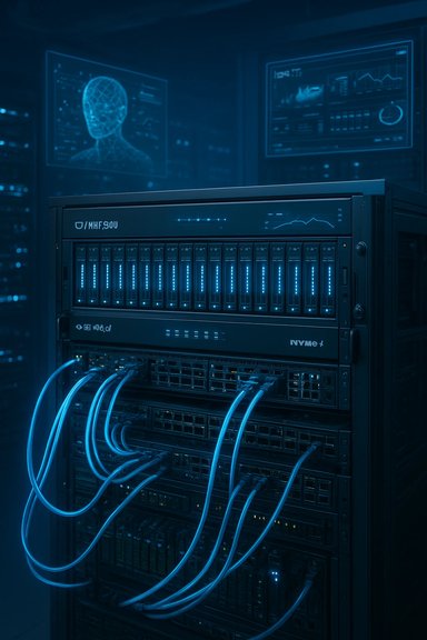 Blue-lit data center server rack with glowing cables.